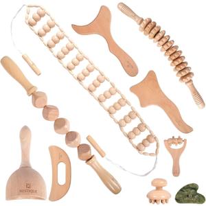 NESTIQUE 10 in 1 Wood Therapy Massage Tools for Body Shaping with Gua Sha Stone Lymphatic Drainage kit for Muscle Pain Relief, Maderoterapia Professional kit for Body Sculpting