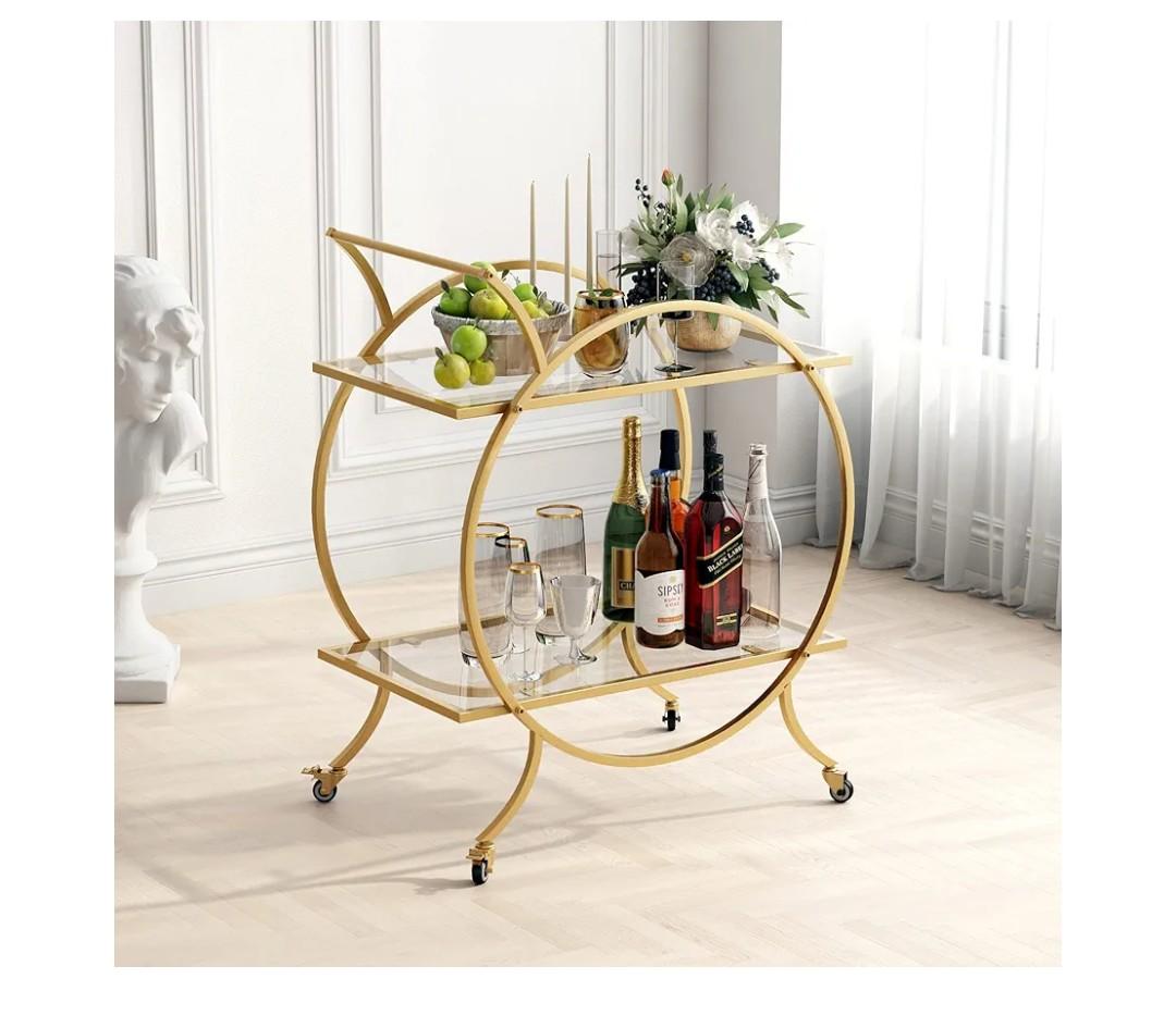 Gold Bar Carts for The Home Bar Serving Cart, Rolling Bar Cart Gold with Lockable Caster Wheels, Glass Bar Carts with 2 Mirrored Shelves, Storage Round Wine Carts for Kitchen, Party