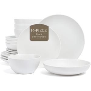 over&back Coupe Dinnerware Set - Stoneware Dishes - Comes with 4 Dinner Plates, 4 Salad Plates, 4 Cereal Bowls, and 4 Dinner Bowls - 16-Piece All-Occasion Place Settings - Semi-Matte White