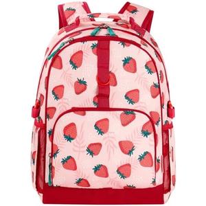 Choco Mocha Strawberry Backpack for Girls, Elementary School Backpack for Girls Ages 6-8 Kids Kindergarten Backpack Bookbag 17 Inch with Chest Strap, Pink