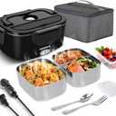 80W Electric Lunch Box food warmer for Adults, Portable Food Heater for Travel/Home/Office,12V/24V/110V Heated Lunch Box Suitable for Ideal Driver/Work/Gift, BLACK*2