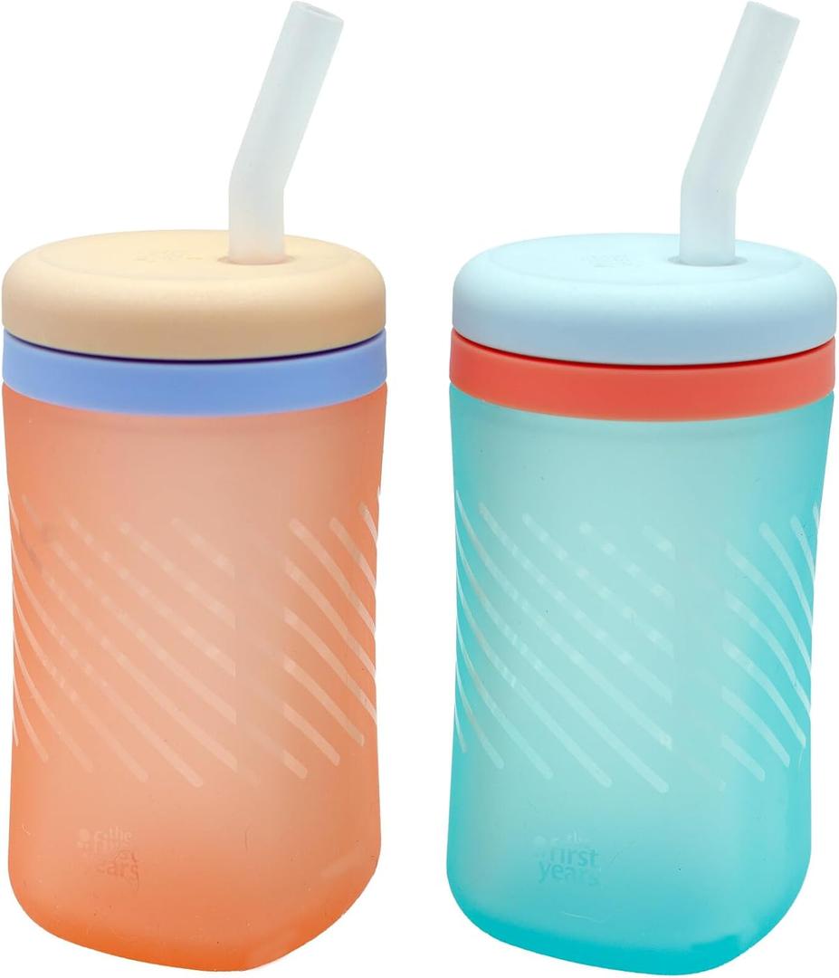 The First Years Silicone Squeeze & Sip Straw Cup - Spill-Proof Toddler Training Cups - Dishwasher Safe - Orange and Blue - 7 oz - 2 Count - Ages 6 Months+