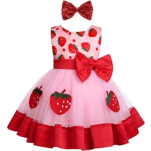 Baby Girl Princess Dress Cake Smash Birthday Tutu Dress+Headband Baptism Clothes Set for Cake Smash Photo Shoot (12-18 Months, Pink-strawberry)