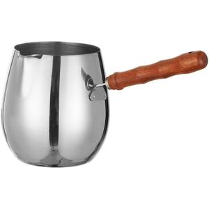 Turkish Coffee Pot 14oz/420ml with Wooden Handle, 18/8 Stainless Steel, Cezve Ibrik Briki Stovetop Warmer for Milk Butter Chocolate Melting, Greek Arabic Coffee Maker, Maple Syrup & Sauce Heating Pan