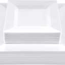 SETUP 60-Piece White Square Plastic Dinnerware Set  30 9.5" Dinner & 30 6.5" Salad Plates  Heavy-Duty Disposable for Weddings, Catering, Parties