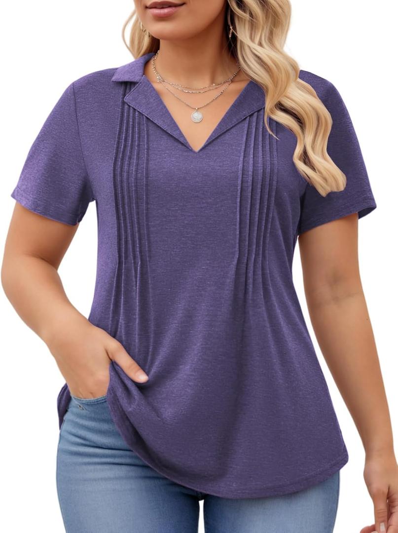 ROSRISS Plus-Size-Womens-Summer-Tops Casual Polo V Neck Work T Shirts Cute Flowy Pleated Blouses Trendy Short Sleeve Tunics (Purple)