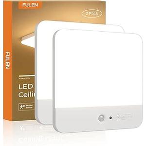 FULEN Motion Sensor Ceiling Light Fixture, Cordless Closet Light Battery Operated, Rechargeable Magnetic Mount LED Shower Light for Bathroom,Stairs,Garage,Hallway, Color Change, 2 Pack