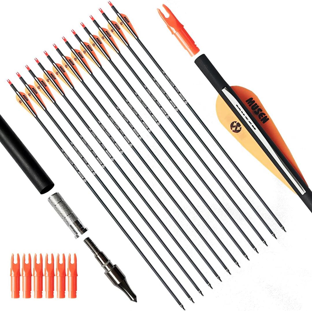 Musen Archery 30/28 Inch Carbon Practice Targeting Arrows with Removable for Youth Compound & Recurve Bow Target (Pack of 12)