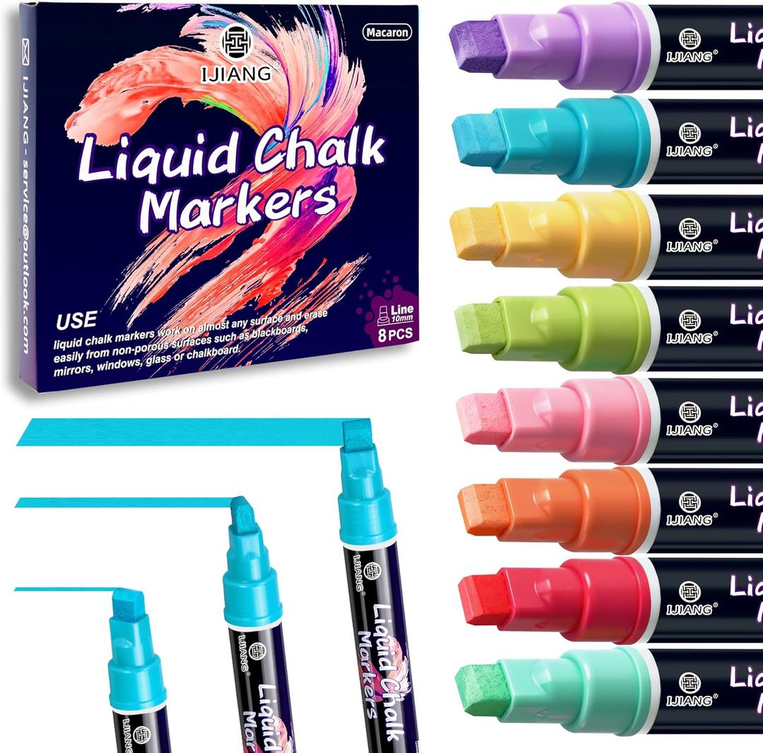 IJIANG Liquid Chalk Markers for Window, Glass, Mirror, Cars, Erasable Chalk Markers Pastel 8Colors with 3-in-1 Tips, Drawing Chalk Pens For Blackboard, Chalkboard, Calendar, Whiteboard