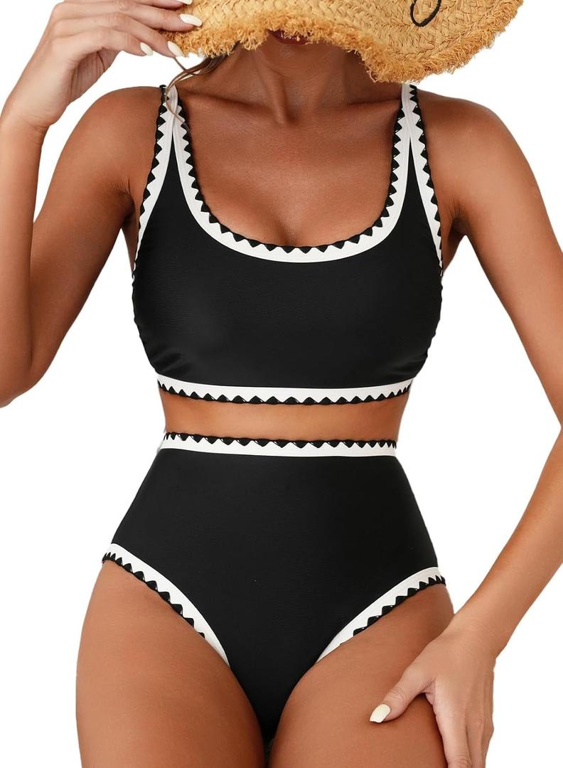 Herseas Women's Bikini Sets Floral Print Whip Stitch 2 Piece Swimsuits High Waisted Scoop Bathing Suits (Black, M)