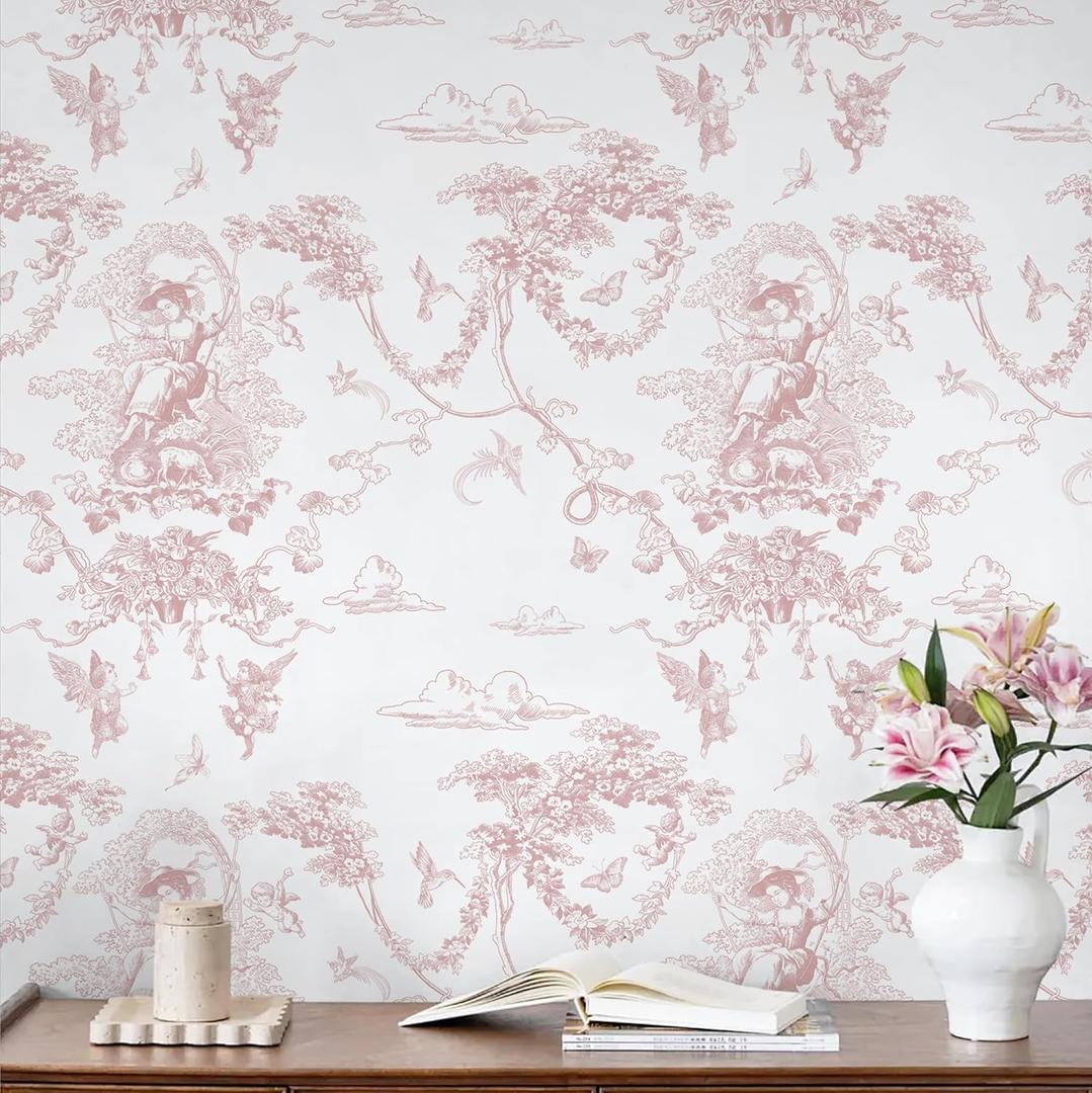 CiCiwind Peel and Stick Wallpaper Pink and White Wallpaper Vintage Toile Wall Paper for Bathroom Bedroom Living Room French Self Adhesive Removable Contact Paper for Cabinets 17.3"393.7" Vinyl Rolls