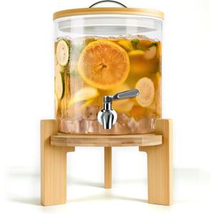 Beverage Dispenser 1.5 Gallon, Glass Drink Dispenser with Stand, Drink Dispensers for Parties, Beverage Dispenser with Wood Stand, Stainless Steel Spigot, for Parties, Bars, Restaurants (1.5 Glallons)