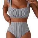 Herseas Women's Black Striped 2 Piece Bikini Sets Adjustable Tie Shoulder Push Up Swim Suits 2026 Summer High Waisted Ladies Bathing Suit Casual Resort Outfits Medium