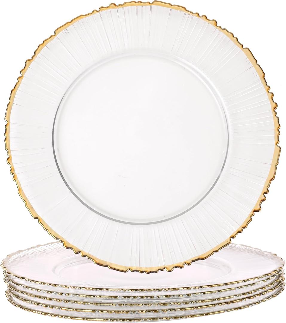 Complete Your Table Setting with our 13-Inch Glass Charger Plate-Set of 6Hand Blown Glass Charger Plates with Gold Rim
