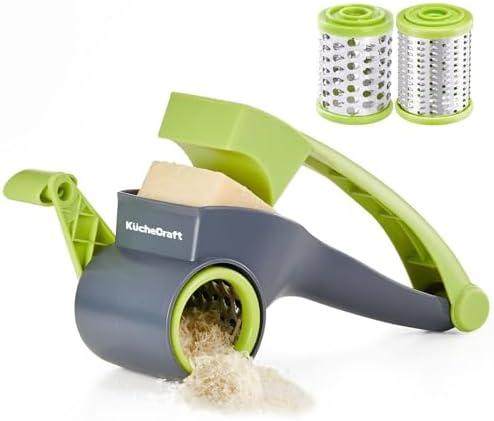 KucheCraft Cheese Grater with Handle, Kitchen Parmesan Cheese Grater with 2 Stainless Steel Drums, Rotary Cheese Grater Handheld for Grating and Shredding Hard Cheese, Chocolate, Medium, Green