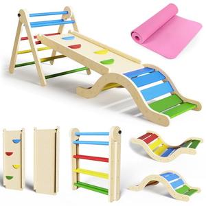 doowroodni Pikler Triangle Set 7in1 Toddler Climbing Toys Indoor Foldable Baby Climbing Toys Wooden Montessori Climbing Set with Arch, Ramp, Ladder for 1-3 Years, Jungle Gym for Kids Colored
