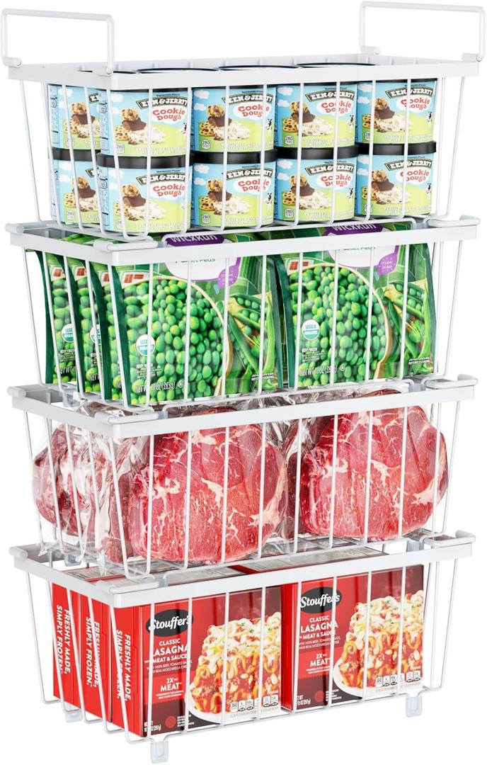 iSPECLE Freezer Organizer Bins, 4 Pack Stackable Wire Baskets for 5 to 7 Cu.Ft Deep Freezers, Metal Food Storage Handles for Meat and Vegetables, Sort Small Food, White