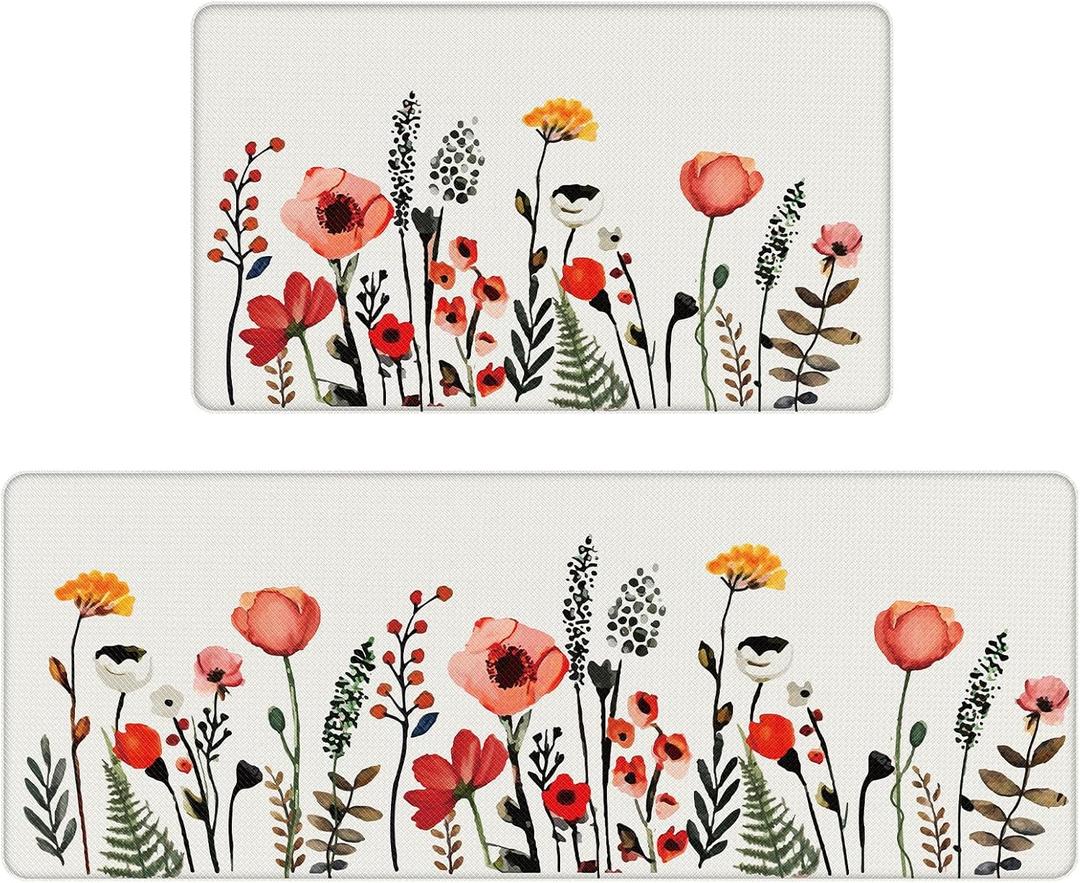 Kitchen Mats for Floor 2 Piece White, Colorful Flower Fern Kitchen Floor Mats for in Front of Sink, Floral Kitchen Rugs Non Slip Washable (17"x47"+17"x29")