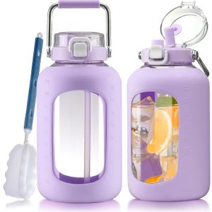Large Glass Water Bottles with Stainless Steel Handle,100 oz Gallon Drinking Bottle with 2-in-1 Straw Lid,3 Liter Glass Water Jug with Silicone Sleeve,Wide Mouth,Purple