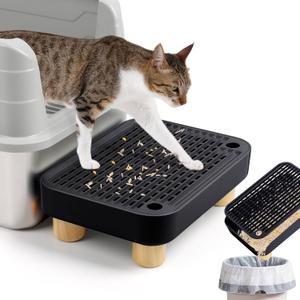 Lanstics Litter Box Step, Litter Box Ramp for Cats Grey Litter Catcher with Wooden Base Cat Steps for Litter Box Anti-Tracking & Easy to Clean for Kitten & Elderly Cats (Black)