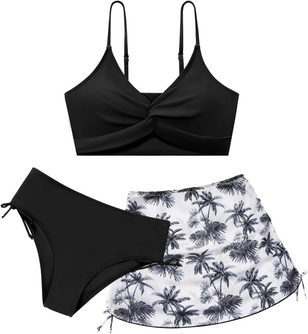 Girls Swimsuit with Skirt Twist Cross Bikini Set Teen Girls Swimming Bathing Suit with Adjustable Shoulder Straps (11-12 Years, Black)