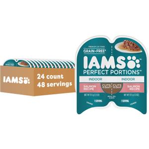 IAMS Perfect Portions Grain Free Wet Cat Food, Indoor Adult Cat Food Wet Cuts in Gravy, Salmon Recipe, (24) 2.6 oz. Twin-Pack Trays, BBD 101127