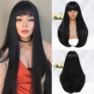 Black Wig with Bangs for Women 24 Inch Long Straight Black Wigs Synthetic Heat Resistant Wig for Daily Party Use