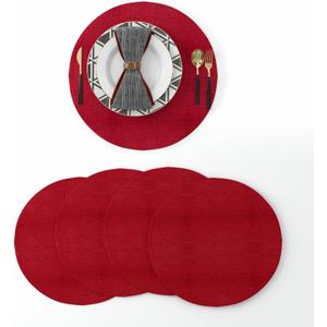 Set of 4 Decorative Round Placemat 15 Inch Soft Linen eco-Friendly Fabric Handcrafted Machine Washable Indoor & Outdoor Tablemat Burgundy