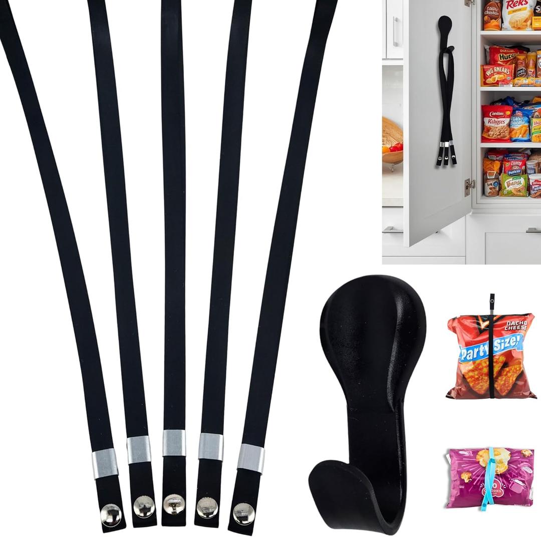 LUXES Pantry Door Storage Set for Fresh Food, Chips, and Snacks With Self-Storage Mount | Compact Alternative to Chip Clips & Magnetic Fridge Clips | Reusable AirTight Food Storage Bands (5ct) Chip Bag Closers - LUXES (Black)