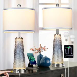 Coastal Glass Table Lamps for Living Room, 26" Table Lamps with USB A+C Ports & AC Outlet, Touch Control Bedside Nightstand Lamp with Crystal Night Light for End Table Office Desk Blue(Bulbs Included)