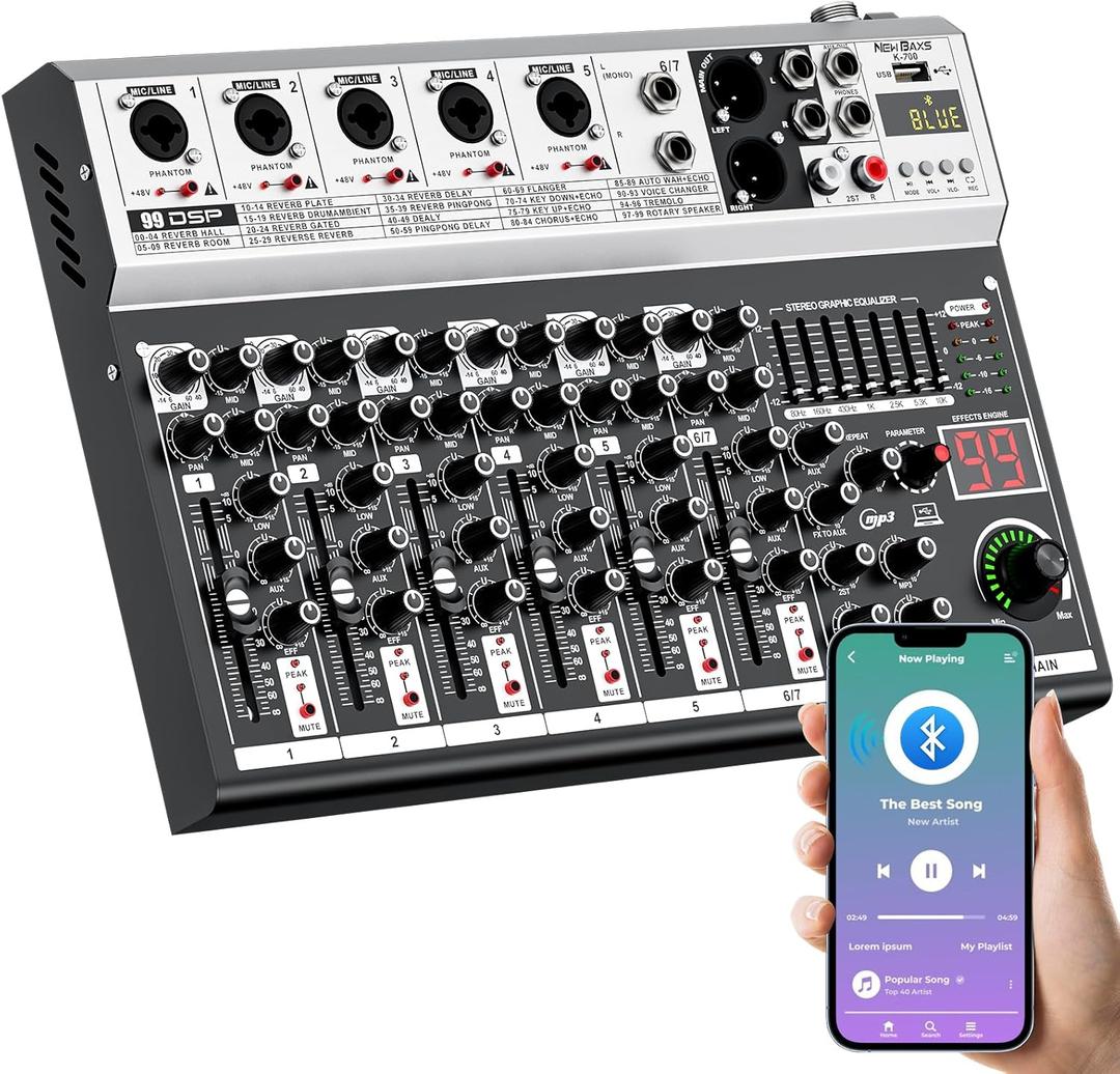 7 Channel DJ Audio Mixer Interface USB, NEW BAXS Audio Mixer Sound Board Mixing Console with Bluetooth MP3 Computer Input +48V Phantom Power Mixer Audio For Karaoke Dj Mixer Stage Streaming Studio