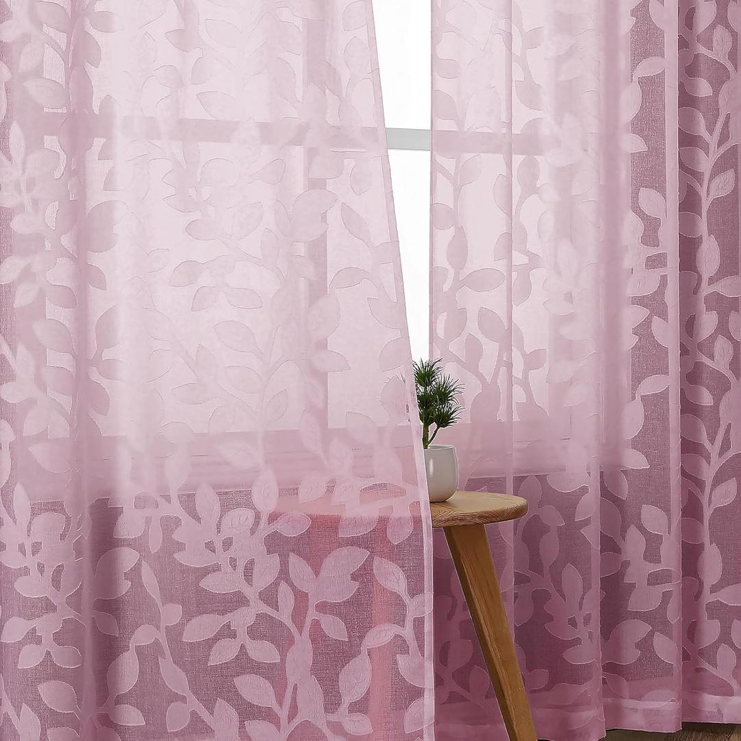 OVZME Blush Pink Sheer Curtains 84 inches Long 2 Panels for Living Room, Jacquard Clip Leaf Pattern Textured Light Filtering Window Semi Sheer Voile Drapes for Bedroom, Each Panel 42 x 84 Inch