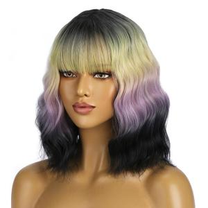 BERON 14 Inches Blonde Wig with Bangs Short Curly Wig Blonde Purple Ombre Black Curly Wigs for Women Daily Party or Cosplay Hairnet Include