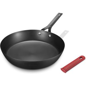 Carbon Steel Pan, 10 Inch Nonstick Frying Pan Skillet, Pre-Seasoned Carbon Steel Cookware with Removable Silicone Handle Holder, Indoor/Outdoor, Induction & Oven Safe