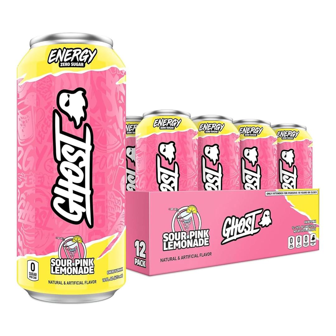 GHOST Energy Drink - 12-Pack, Sour Pink Lemonade, 16oz Cans - Energy & Focus & No Artificial Colors - 200mg of Natural Caffeine, L-Carnitine & Taurine - Gluten-Free & Vegan (EXP 08/02/25)