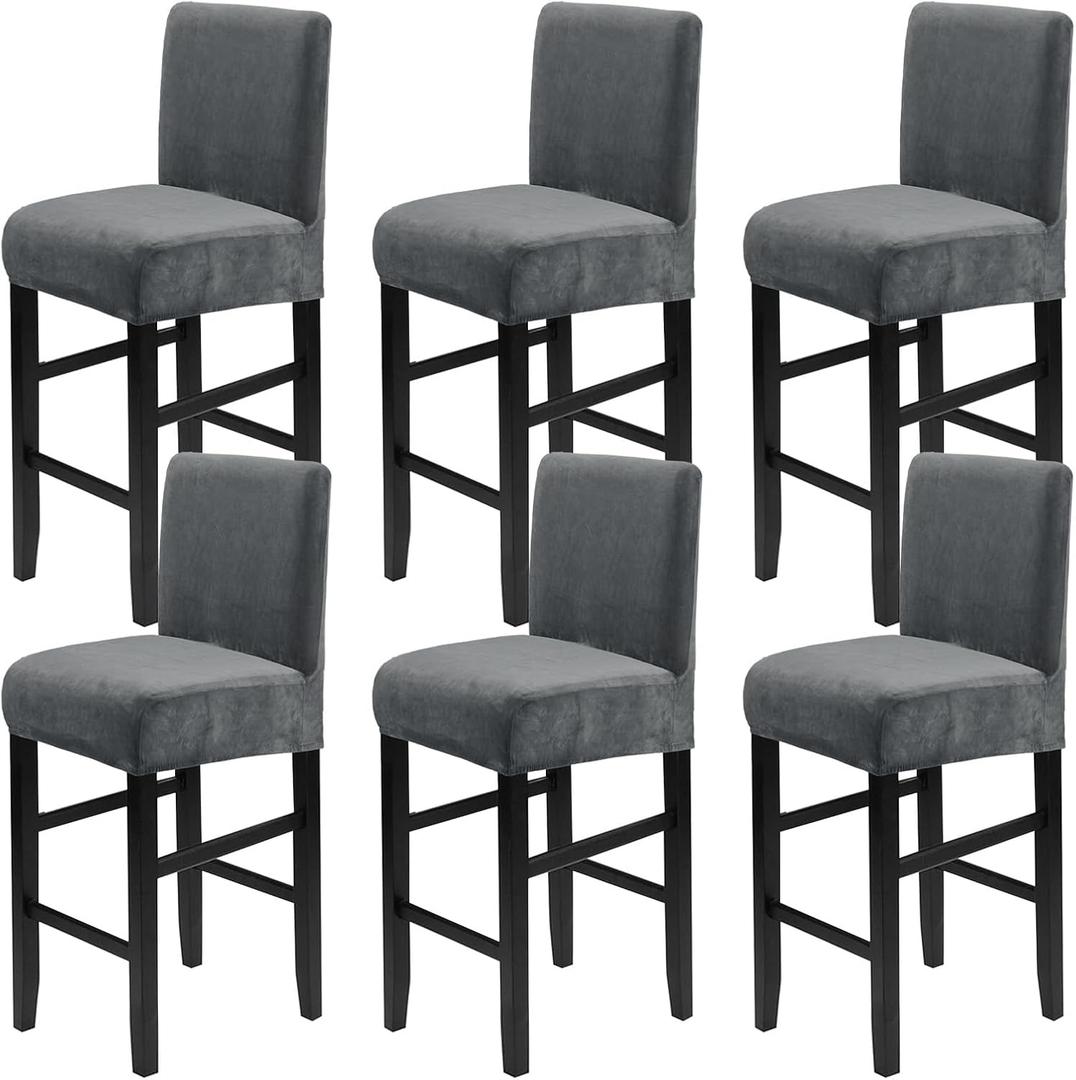 Crystal Velvet Bar Stool Covers with Backs, Soft Stretch Bar Chair Covers Set of 6 with Elastic Band Washable Counter Height Chair Slipcover for Pub Cafe Kitchen Room (Dark Grey, 6 PCS)