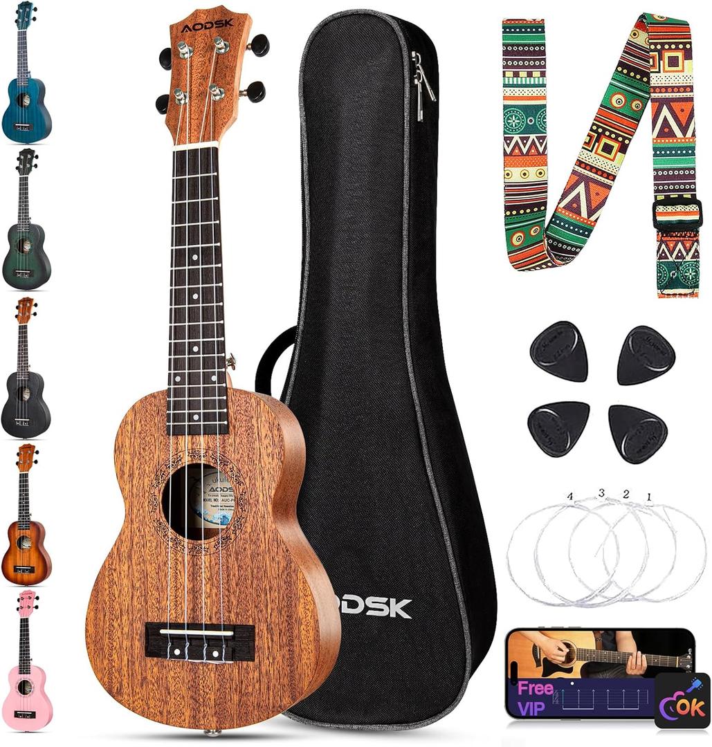 AODSK Soprano Ukulele for Beginner 21 Inch Ukelele with Gig Bag Strap Nylon String 4 Picks Holiday Gift (Natural)