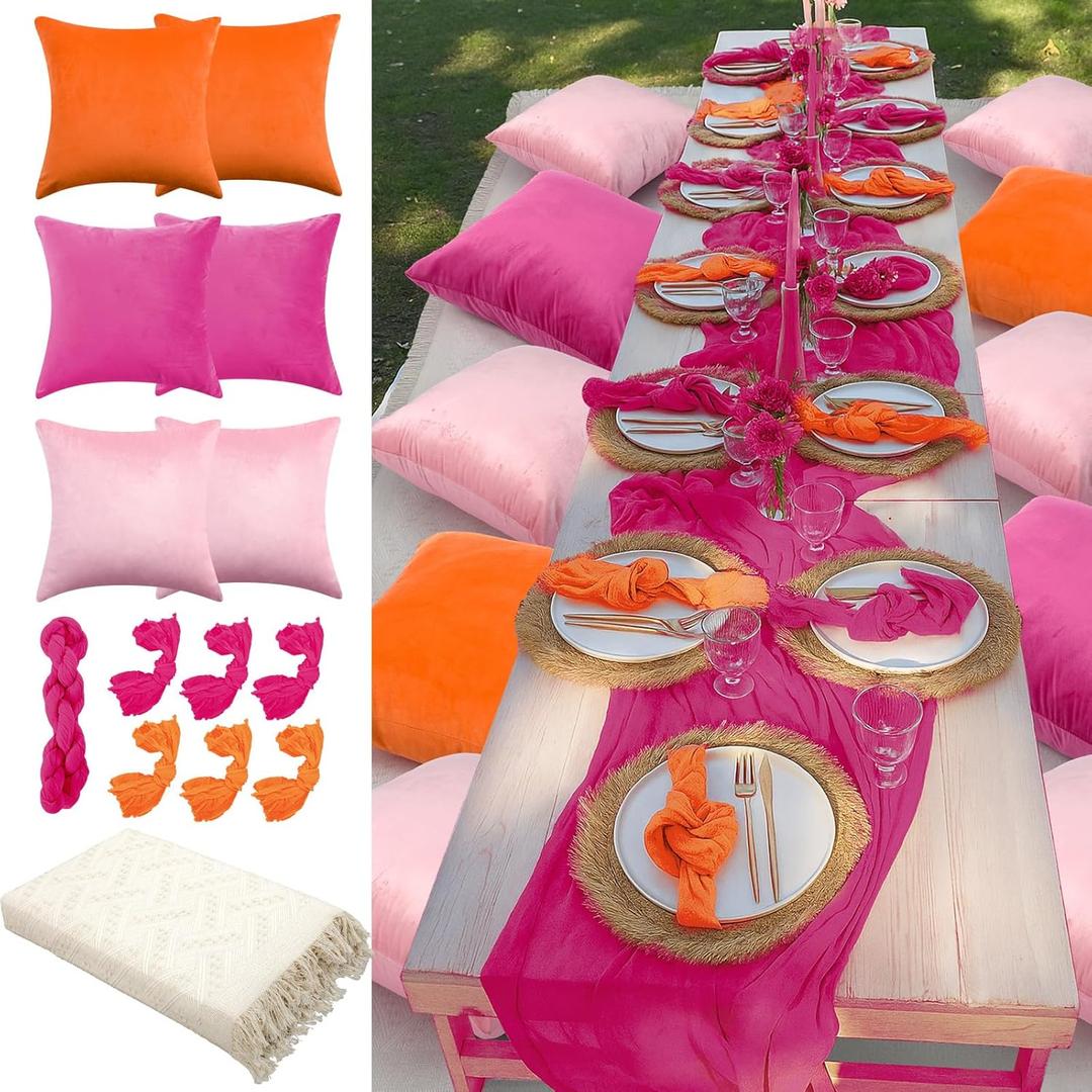 Beeveer 91 x 71 Extra Large Outdoor Boho Picnic Blanket with Tequila Table Runner, 6 Throw Pillow Covers 6 Napkins Woven Cotton Yarn Oversize Beach Blanket Washable Picnic Camp Wedding