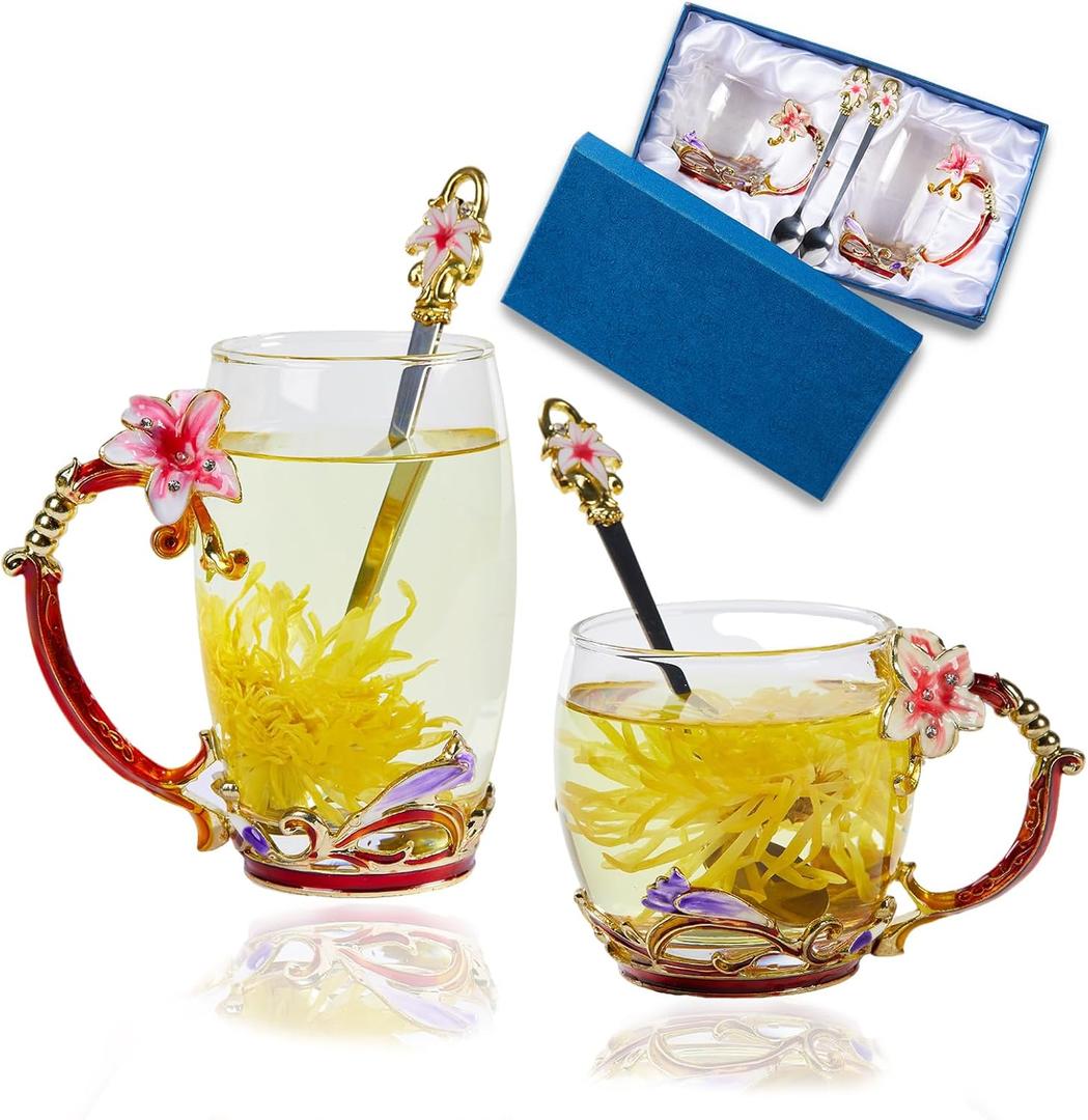 Tea Cup Glass Coffee Mugs,Fancy Tea Cup Set Birthday Christmas Valentine's Day Gift Idea for Tea Lover and Women Novelty Coffee Mugs Lily Flower Enamel Tea Cup with Spoon (Pink)