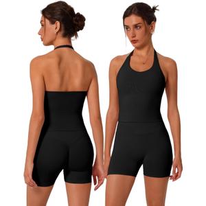 ABOCIW Workout Sets for Women 2 Piece seamless Halter Sports Bra Scrunch Butt Impact Shorts Gym Yoga Outfits, Black XL
