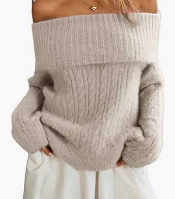 ELLEVEN Women’s Off Shoulder Cable Knit Sweater, Soft Oversized Pullover for Casual Fall Winter Outfits, Khaki Size L