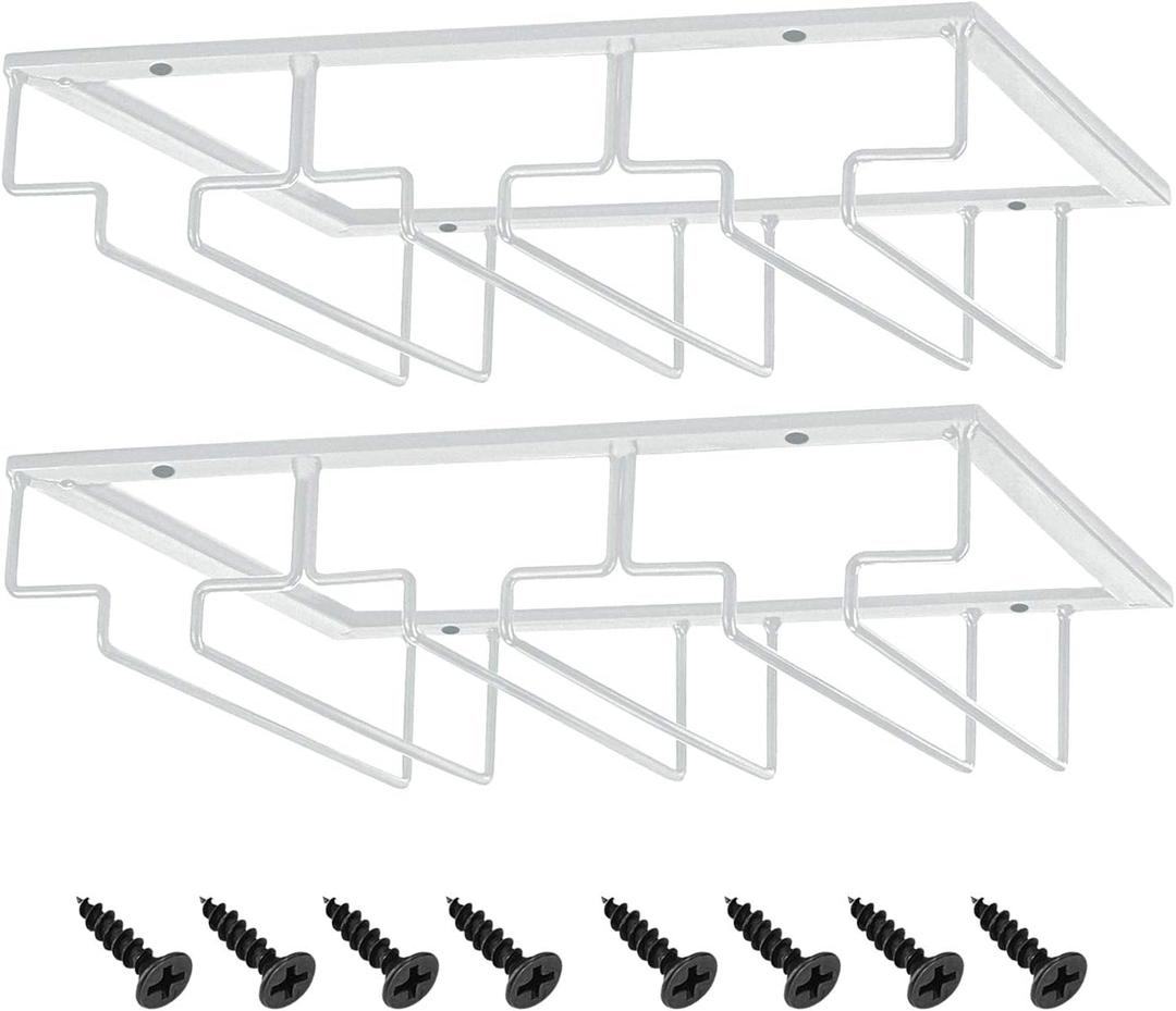 MOCOUM Wine Glasses Rack Under Cabinet Stemware Rack, Wine Glass Hanger Rack Wire Wine Glass Holder Storage Hanger for Cabinet Kitchen Bar (White, 3 Rows 2 Pack)