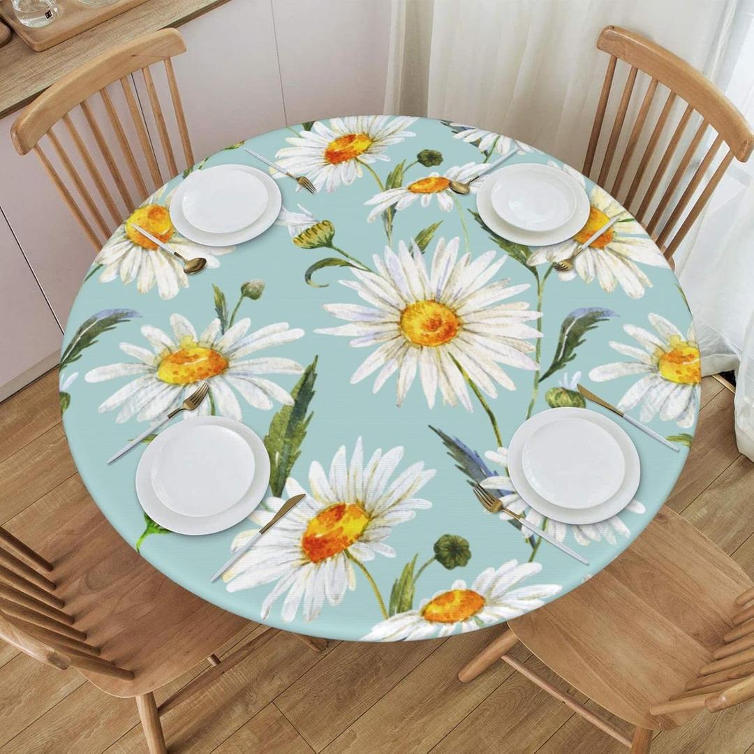 Round Watercolor Floral Daisy Tablecloth Spring Summer Elastic Edge Fitted Table Cover Fits Tables Up to 45"-50" Diameter