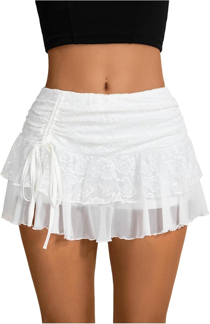 Verdusa Women's Y2k Lace Ruffle Mini Skirt Mesh High Waist Layered Skirt Skort Summer Vacation Boho Outfits (Medium, White)