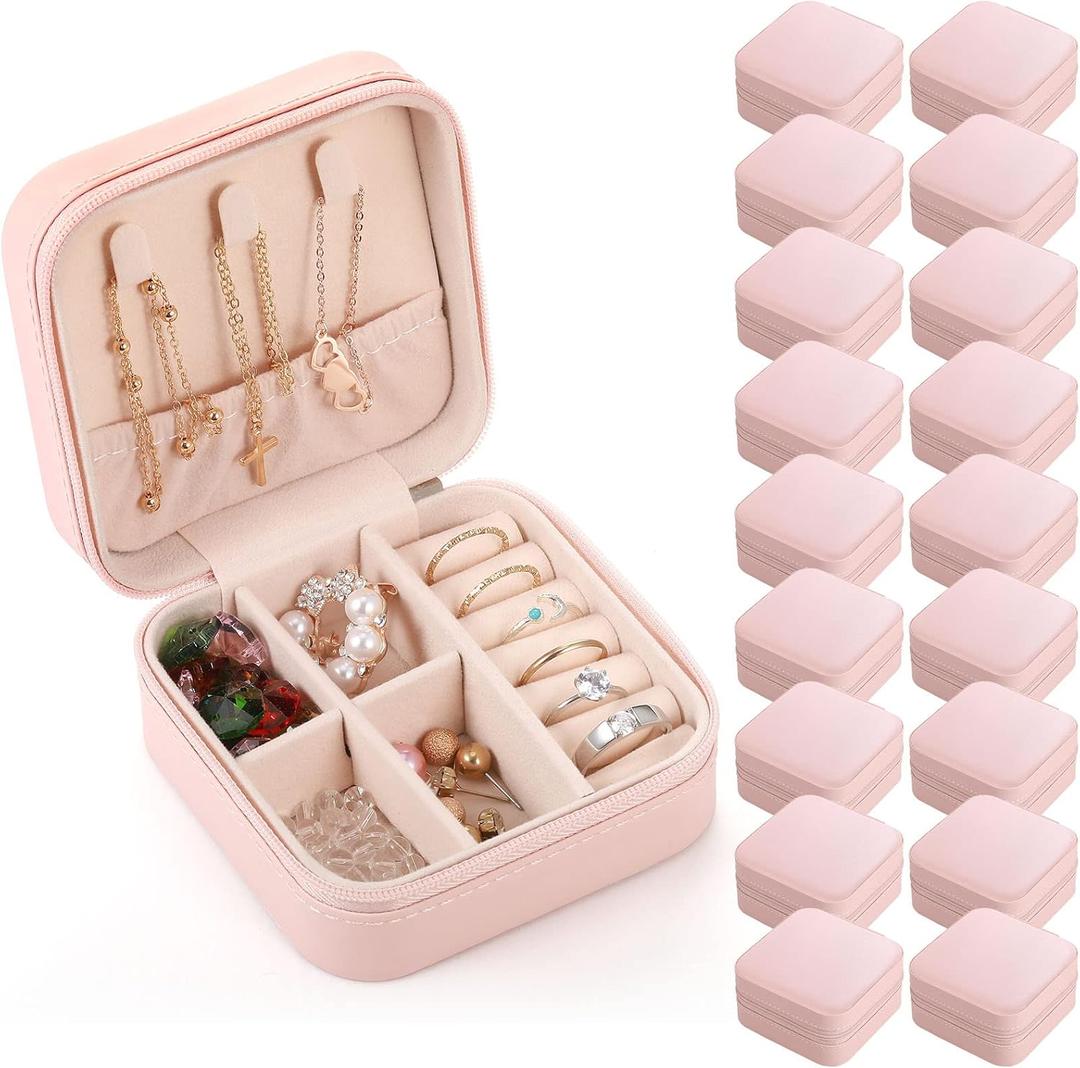 Canlierr Small Travel Jewelry PU Leather Boxes Bulk Bridesmaid Proposal Gift Boxes Portable Jewelry Case Organizer for Women(Pink,18 Pcs)