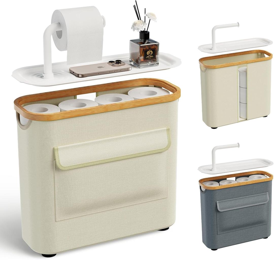 Toilet Paper Storage Basket Holder Holds 9-12 +1 Rolls Elegant Multi-Functional Bathroom Toilet Paper Holder Stand Storage Organizer Waterproof with Tray Hold Phone Wet Wipes Beige
