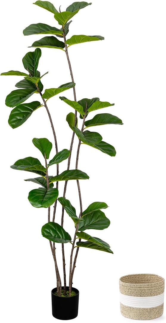 Artificial Fiddle Leaf Fig Tree 6FT with Cotton Basket | Faux Large Trees Fake Plants Tall Tree with 5 Sturdy Trunks, Indoor Artificial Plant Ficus Lifelike for Home Decor Office