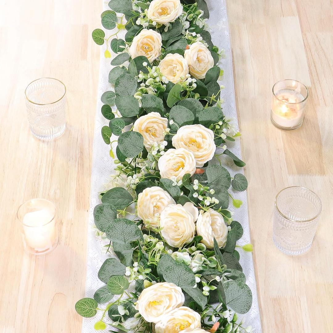 TOCHGREEN 2 Pack 12Ft Artificial Eucalyptus Flower Garland with Champagne Roses, Fake Rose Flower Greenery Garland Floral Vines for Wedding Home Party Table Runner Decor (2PCS, Champagne)