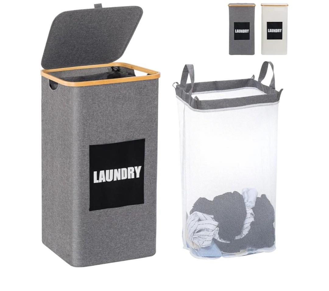Uross Laundry Hamper with Lid- 100L Large Laundry Basket with Bamboo Handles, Clothes Hamper with Lid for Bedroom, Tall Laundry Hamper Basket with Lid, Big Dirty Clothes Hamper for Laundry, Grey