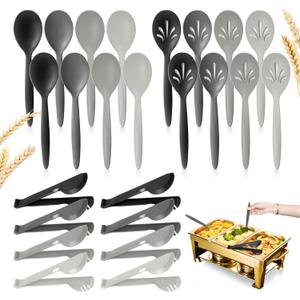 Reusable Clear Plastic Serving Utensils Set of 24, Heavy Duty Large Serving set 10" Serving Spoons/10" Slotted Spoons/9.4" Tongs, for Party Buffet Catering (Gray Ombre, Not for Cooking)